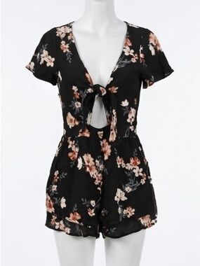 American Eagle Floral Tie-Front Cutout Romper Black Pink Flutter Sleeve Size M